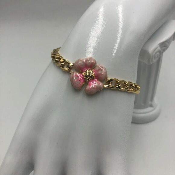 18K Gold Plated Women's Bracelet with Pink Flower Hypoallergenic Waterproof - Picture 4 of 10